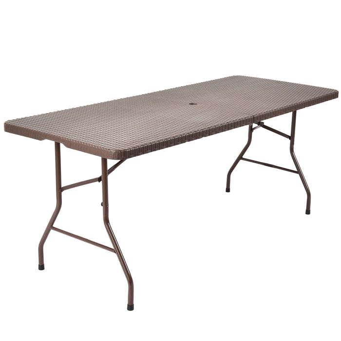 Folding Table Portable Plastic Table with Rattan Design and Umbrella Hole