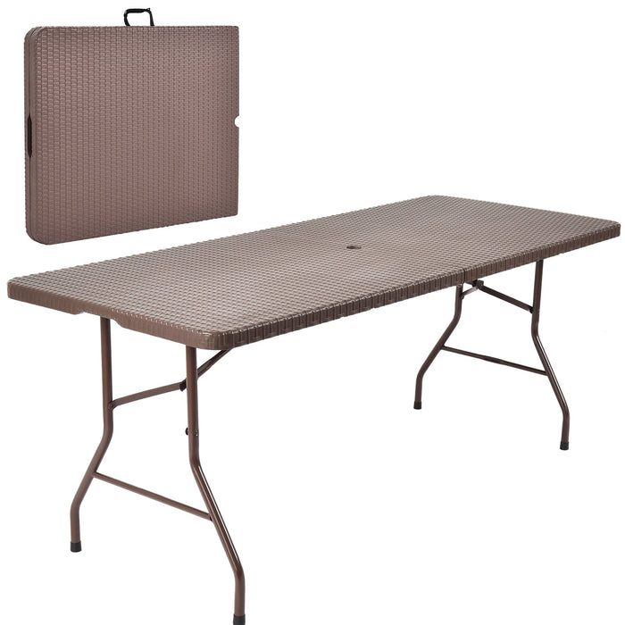 Folding Table Portable Plastic Table with Rattan Design and Umbrella Hole
