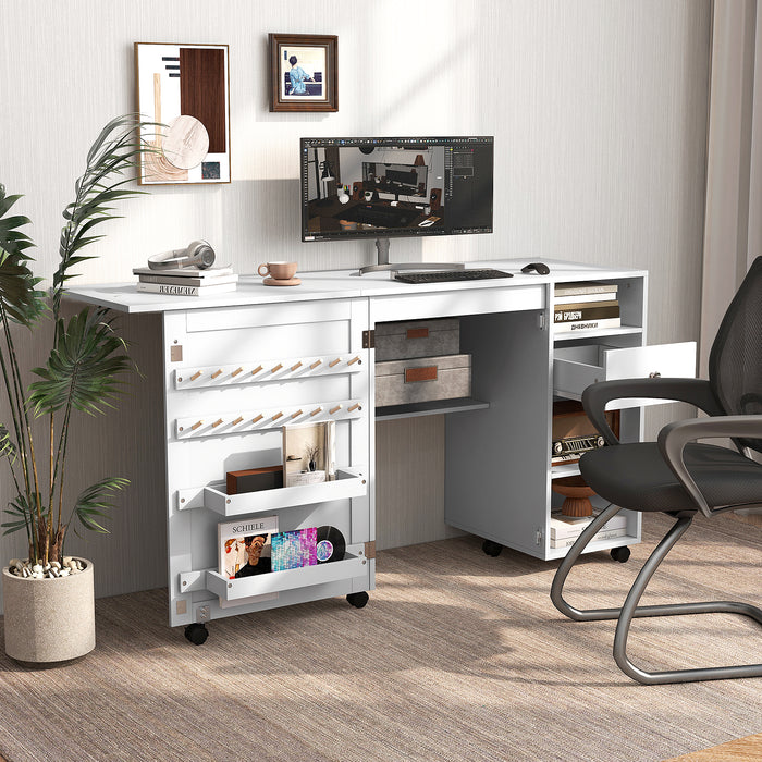 Folding Sewing Table with Storage Shelves and Trays-