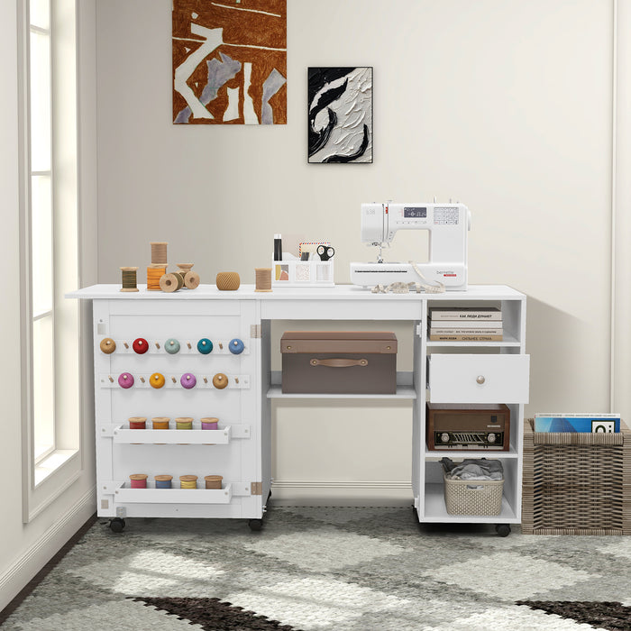 Folding Sewing Table with Storage Shelves and Trays-