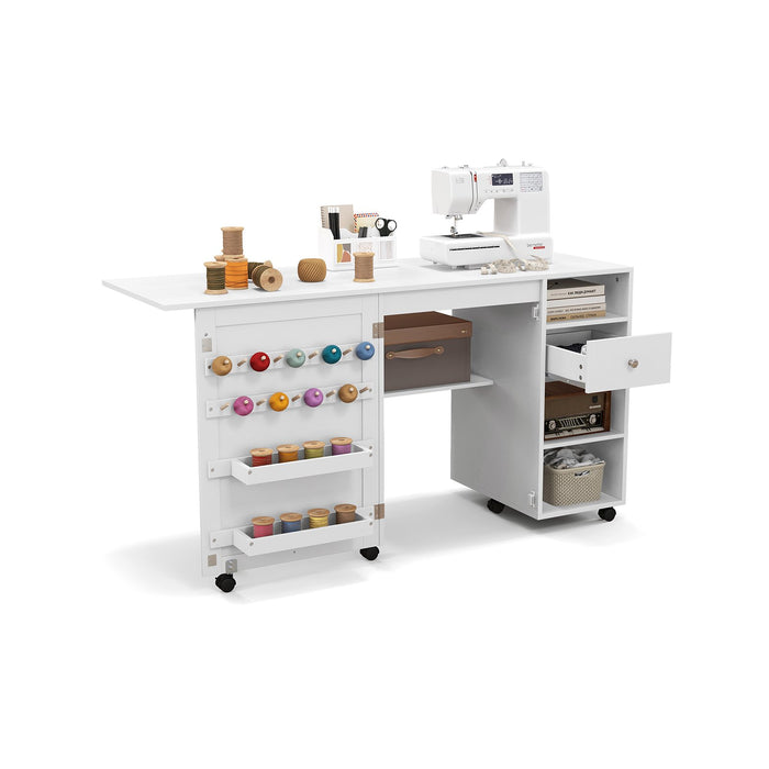 Folding Sewing Table with Storage Shelves and Trays-