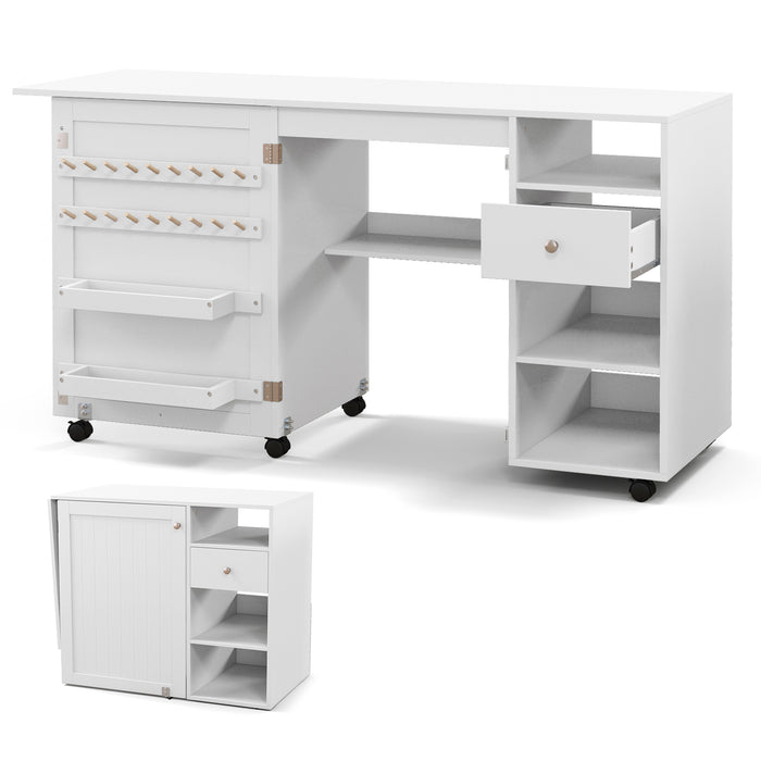 Folding Sewing Table with Storage Shelves and Trays-