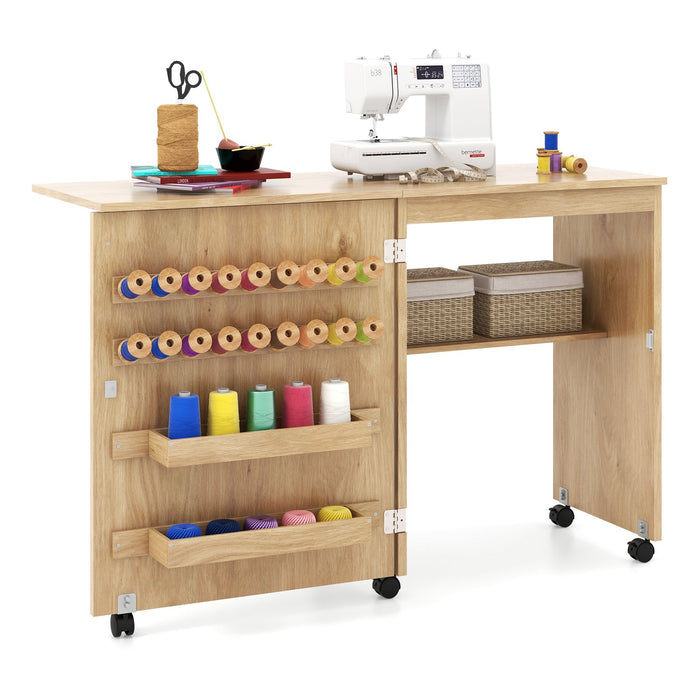 Folding Sewing Table with Storage Shelf and 5 Lockable Wheels-