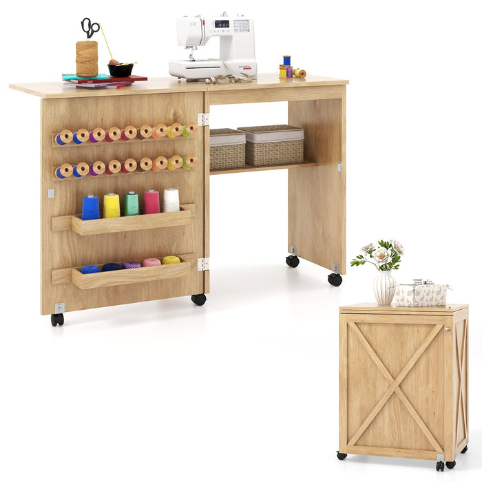 Folding Sewing Table with Storage Shelf and 5 Lockable Wheels-