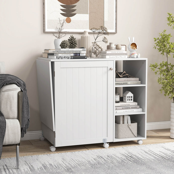 Folding Sewing Table with Storage Shelves and 18 Pegs and Lockable Casters-