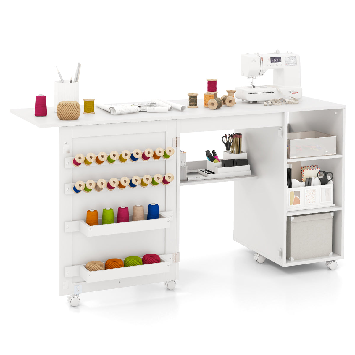 Folding Sewing Table with Storage Shelves and 18 Pegs and Lockable Casters-