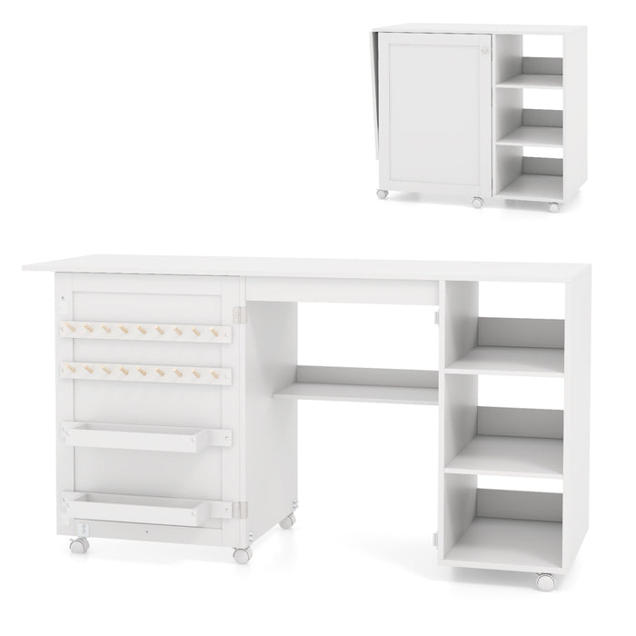 Folding Sewing Table with Storage Shelves and 18 Pegs and Lockable Casters-