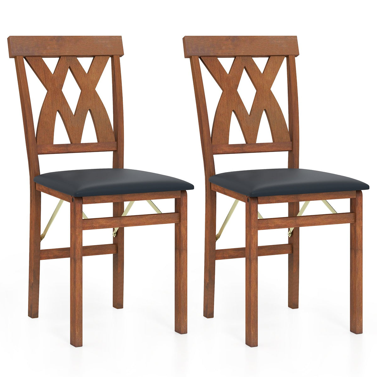 Folding Wooden Dining Chair Set of 2 Faux Leather Upholstered Chairs-