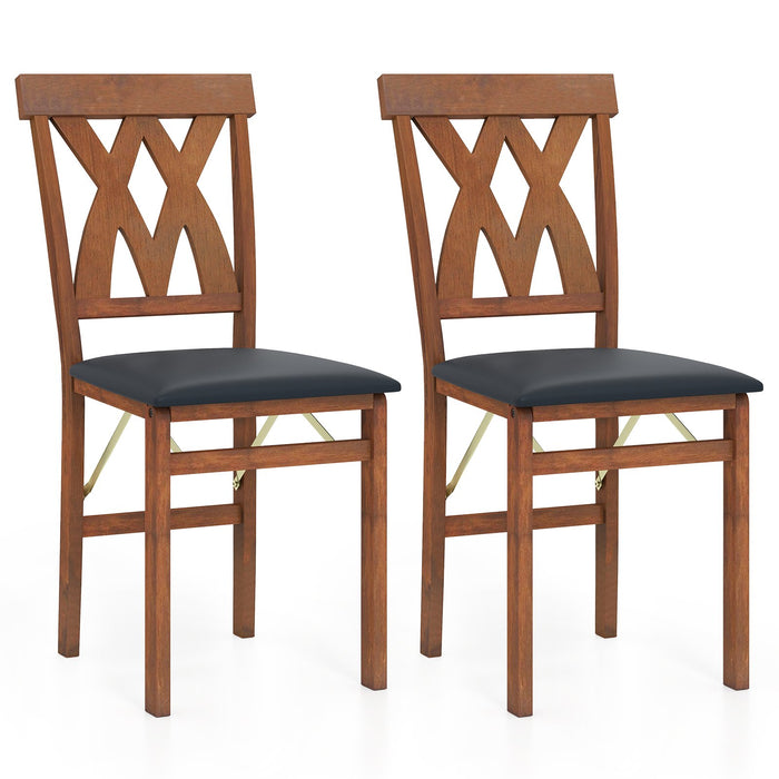 Folding Wooden Dining Chair Set of 2 Faux Leather Upholstered Chairs-