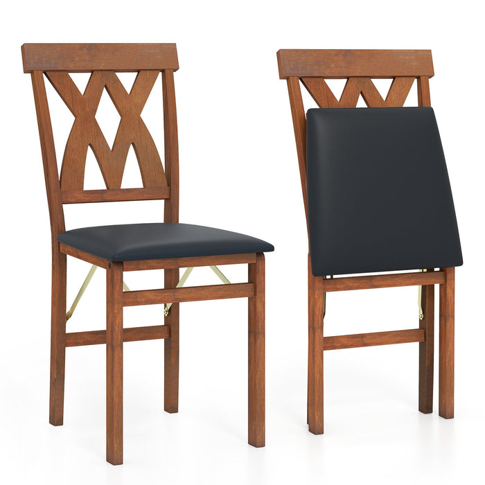 Folding Wooden Dining Chair Set of 2 Faux Leather Upholstered Chairs-