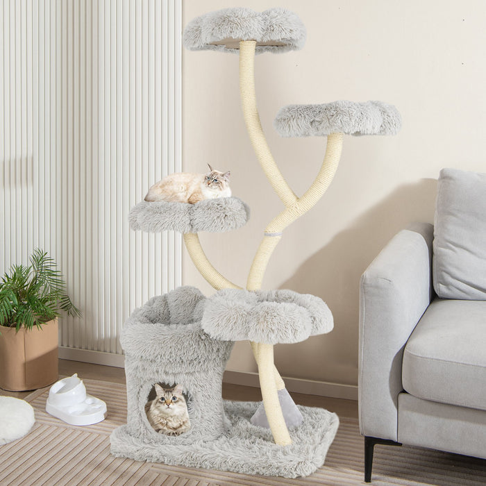 Tall Cat Tree with 4 Flower-shaped Platforms and Sisal Scratching Posts-