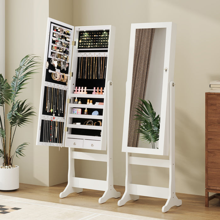 Freestanding Jewelry Armoire Cabinet with Inner LED Lights and 4 Adjustable Tilt Angles-White