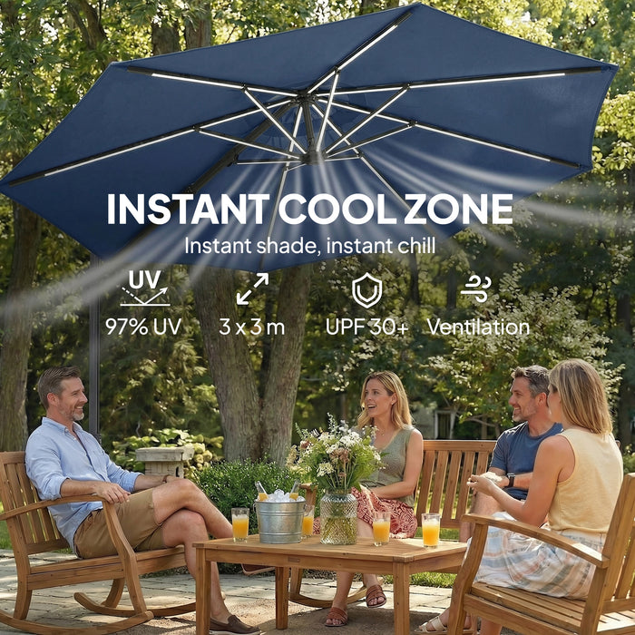 Outsunny 3 m Garden Cantilever Parasol with LED Solar Light, Round Overhanging Umbrella with 360° Rotation, Cover, Navy Blue