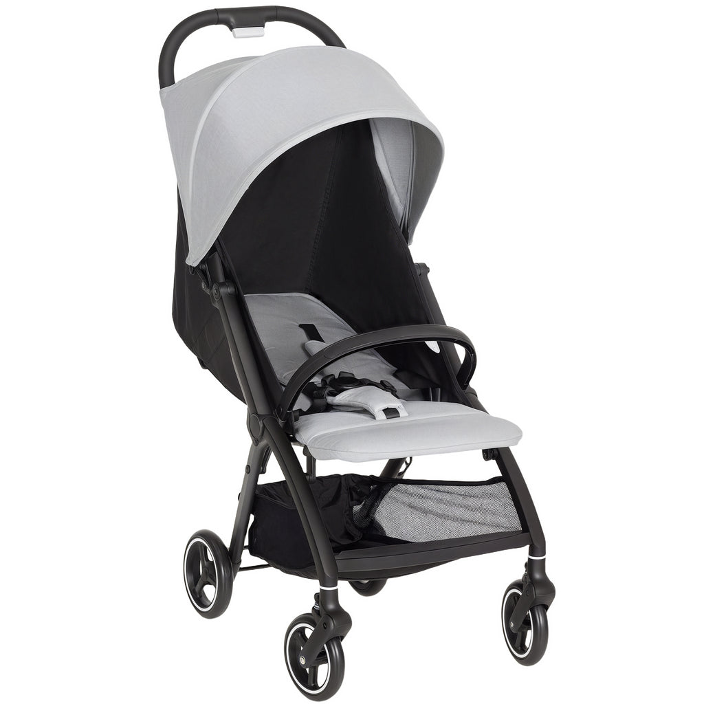 AIYAPLAY Travel Stroller, Lightweight Pushchair, Compact Buggy with Canopy, Basket and Multi-Position Recline, Light Grey