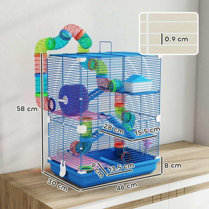 PawHut 5 Tier Hamster Cage Carrier Habitat w/ Exercise Wheels, Tunnel, Blue