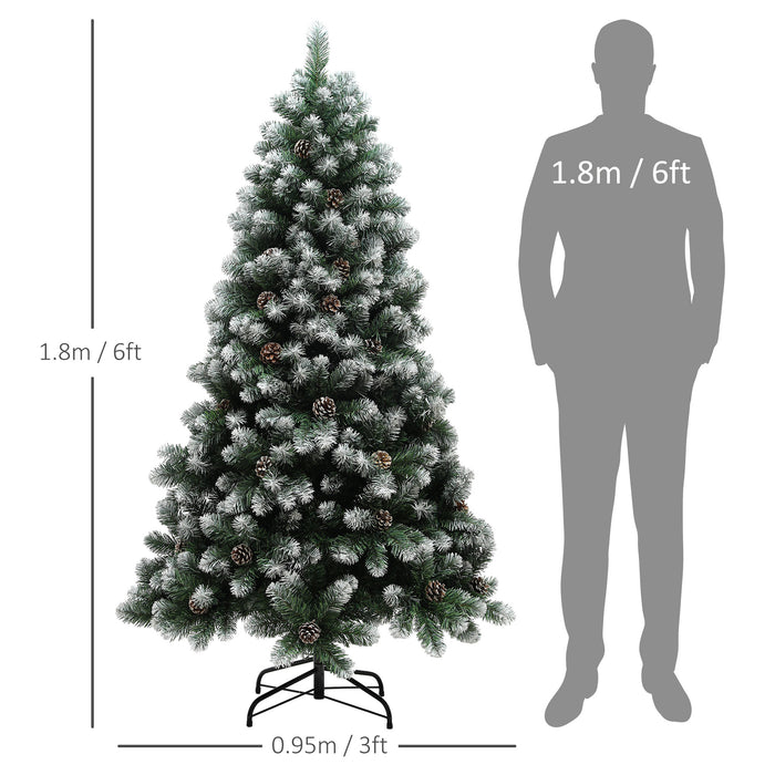 HOMCOM 6ft Artificial Pine Christmas Tree with 774 Branch Tips and Steel Base, Realistic Hinged Tree with Pinecones, Holiday Décor for Home Office, Green