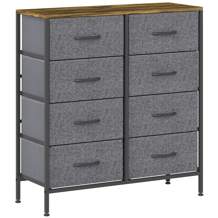 HOMCOM Fabric Chest of Drawers, Industrial Bedroom Dresser with 8 Fabric Drawers, Steel Frame and Wooden Top for Nursery, Living Room, Hallway, Rustic Brown and Grey