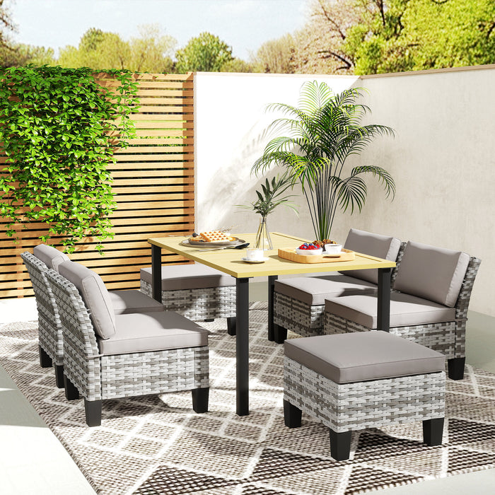 Outsunny 7-Piece Rattan Garden Dining Set, 6 Seater Wicker Garden Furniture Set with Seat and Back Cushions, Umbrella Hole, Patio Table and Chairs with Slatted Metal Top Table for Balcony, Grey