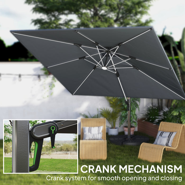 Outsunny 3(m) Garden Cantilever Parasol with Solar LED Lights, Cross Base, 360° Rotation, Crank Handle and Tilt, Grey