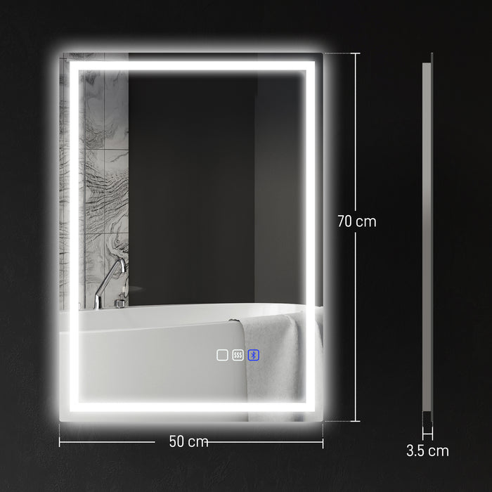 HOMCOM 50 x 70 cm Bluetooth LED Bathroom Mirror with Anti-Fog - Silver Tone