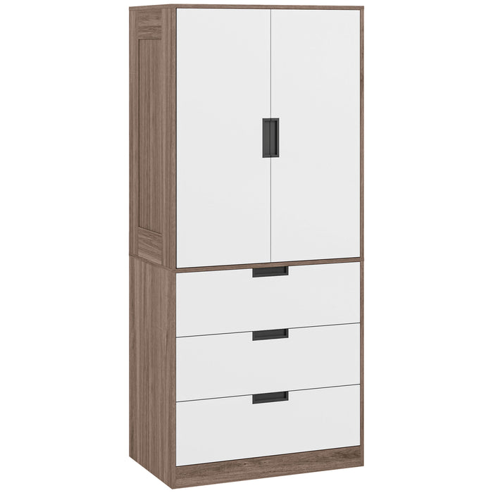 HOMCOM 2 Door Wardrobe, Modern Wardrobe with 3 Drawers and Hanging Rod for Bedroom, Brown