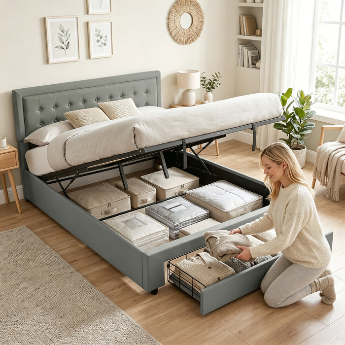 HOMCOM King Size Ottoman Bed Frame, with Front Drawer - Grey