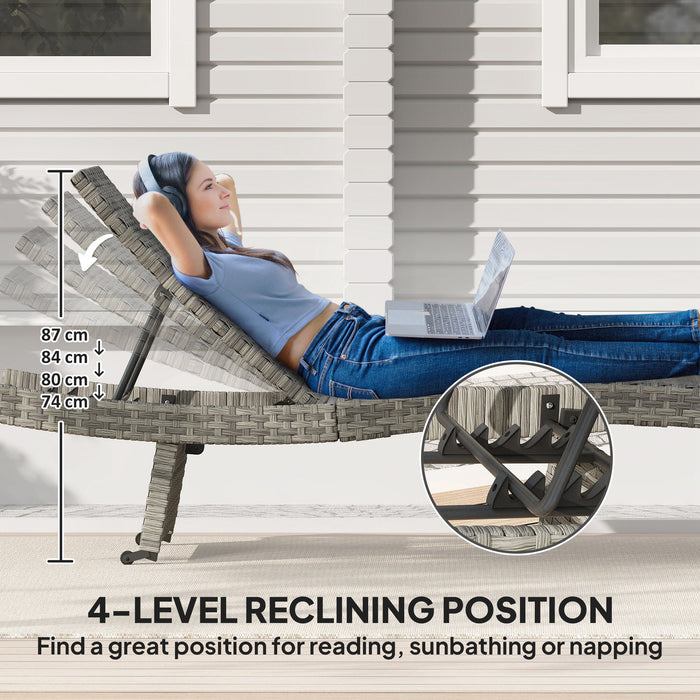 Outsunny Outdoor PE Rattan Sun Lounger, Folding Wicker Garden Lounger Recliner with 4-Level Adjustable Backrest, Rolling Sunbed Lounge Chair with Wheels, Non-Slip Legs for Balcony, Beach, Mixed-grey