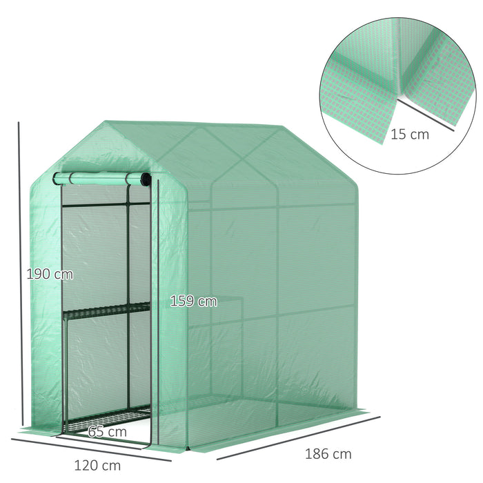 Outsunny Walk-in Greenhouse with 2 Tier 4 Shelves, Small Greenhouse with Reinforced PE Cover, Garden Plant Growhouse with Roll-up Door, 120 x 186 x 190 cm, Green