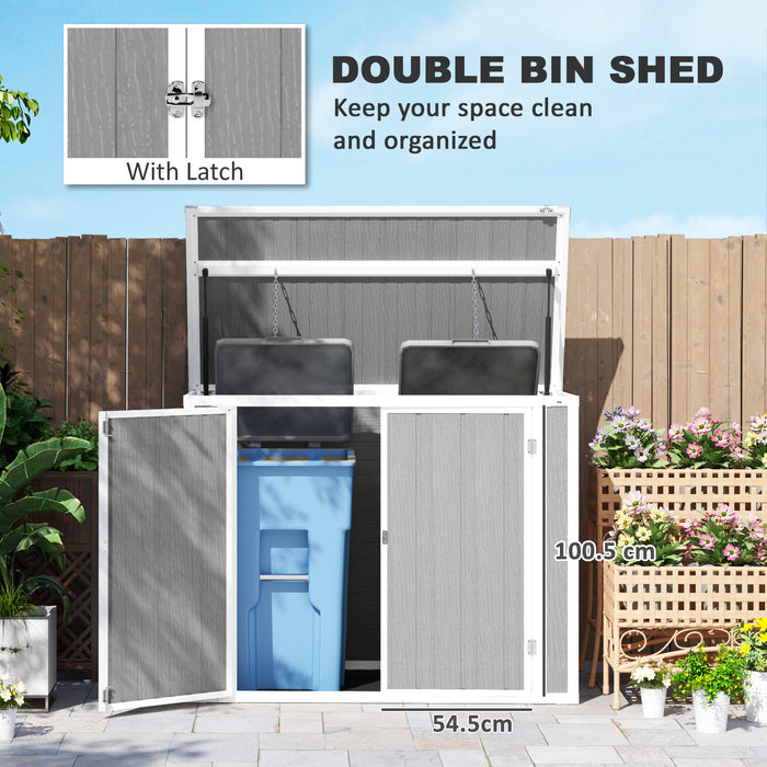 Outsunny 4.7 x 2.5FT Garden Shed, Double Bin Storage Shed with Lockable Doors, Outdoor Small Shed with Openable Lid for 2 Trash Cans, Garden Tools, Grey