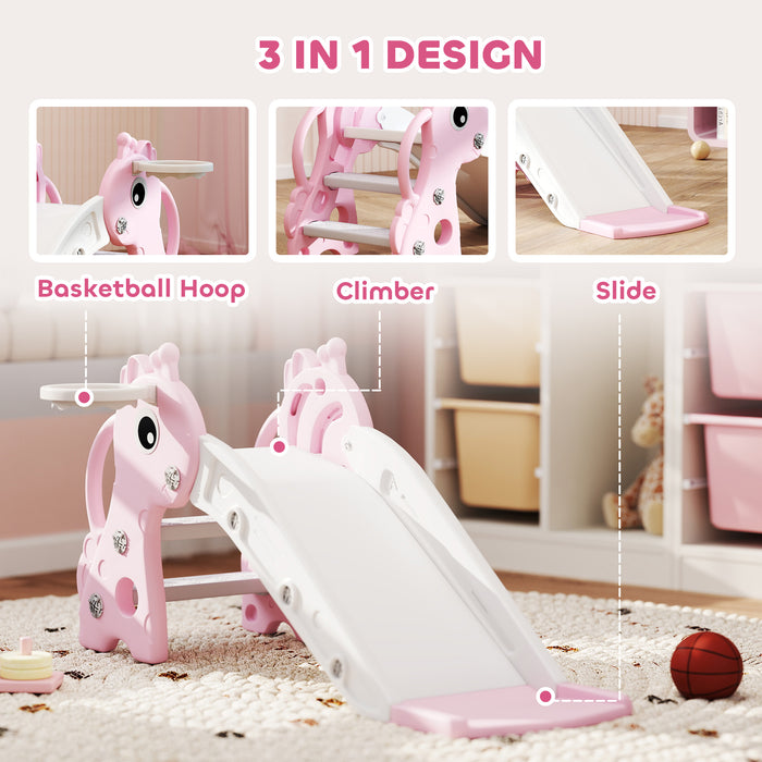AIYAPLAY 3 in 1 Kids Slide with Climber, Basketball Hoop and Ball, Giraffe Shape Climber Slide for Indoor Kids Age 1-3, Pink