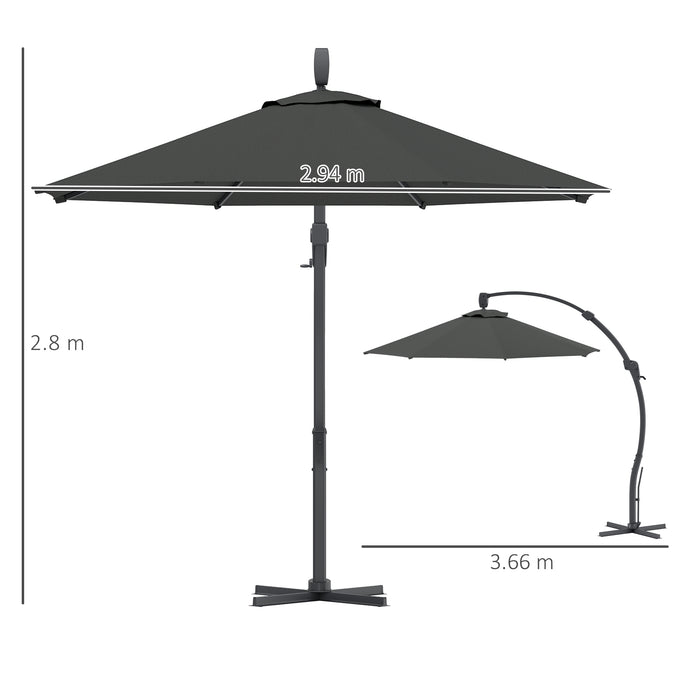Outsunny 3(m) Garden Cantilever Parasol, Round Overhanging Umbrella with Crank Handle, Cross Base, Aluminium Frame and 360° Rotation, Banana Patio Umbrella for Outdoor Sun Shade, Grey