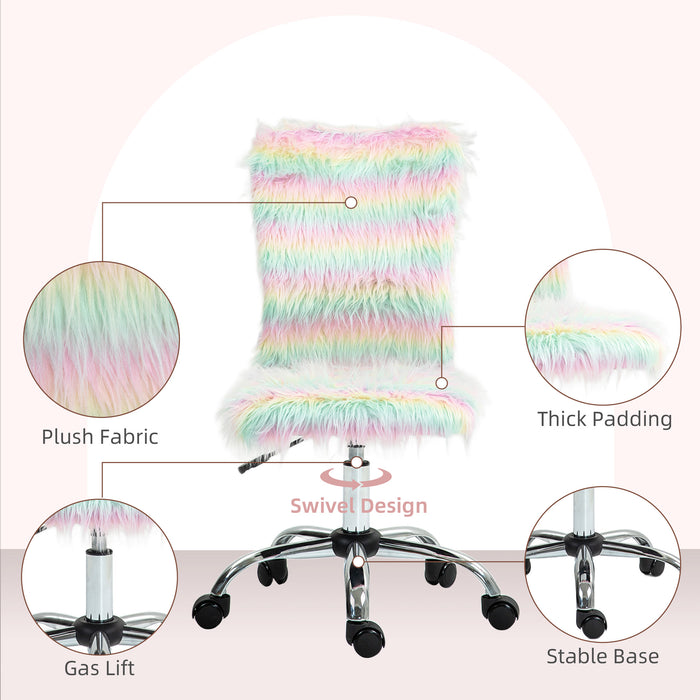 HOMCOM Armless Computer Desk Chair, Fluffy Fabric Swivel Office Chair, Makeup Vanity Chair with Height Adjustable, Wheels, for Home Study Bedroom, Unicorn Tone | Aosom UK