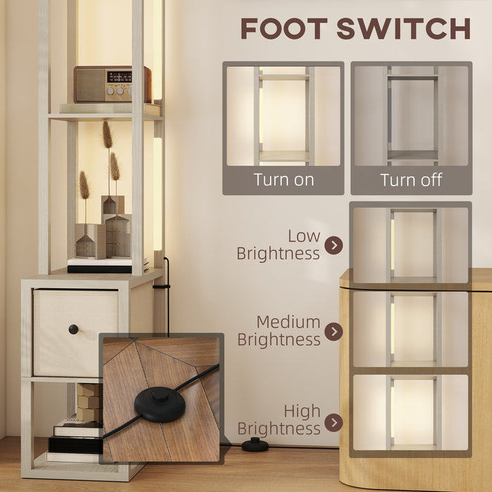 HOMCOM Floor Lamp with Shelves, LED Column Modern Standing Lamp with Fabric Drawer, Adjustable Brightness, Foot Switch for Living Room, Bedroom, Office, Oak