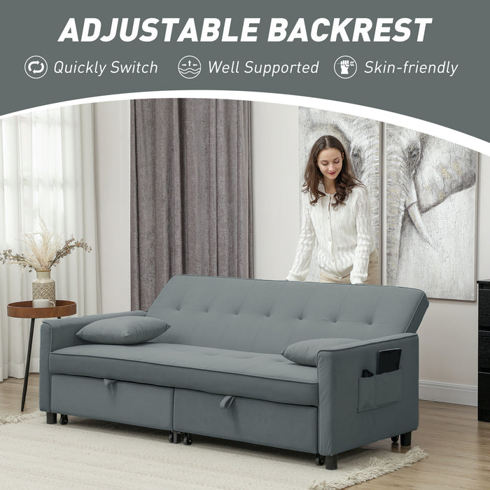 HOMCOM Three-Person Velvet-Feel Sofa Bed - Grey