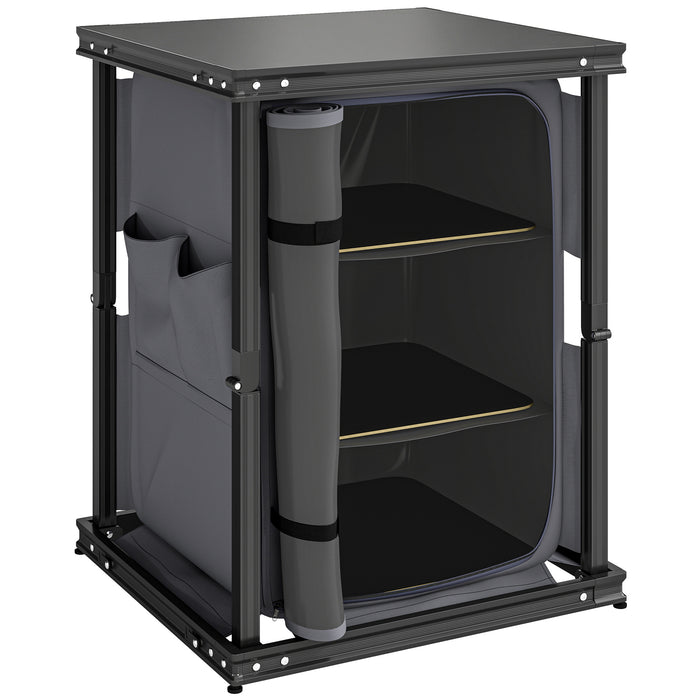Outsunny Camping Camping Cupboards, Folding Portable Kitchen Table with 3-Tier Storage, Black