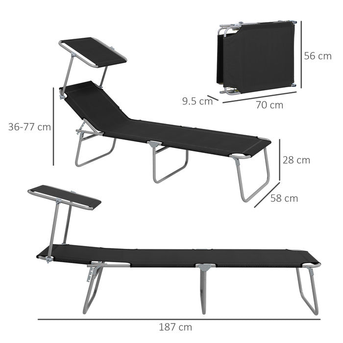 Outsunny Foldable Sun Lounger Set of 2 with Sun Shade & Adjustable Backrest - Black