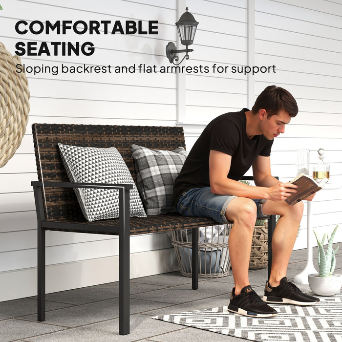Outsunny 2 Seater Rattan Garden Bench, Outdoor Bench with Quick-Drying Cotton Padding, Wicker Garden Loveseat with Armrests, Steel Frame for Patio, Park, Mixed Brown