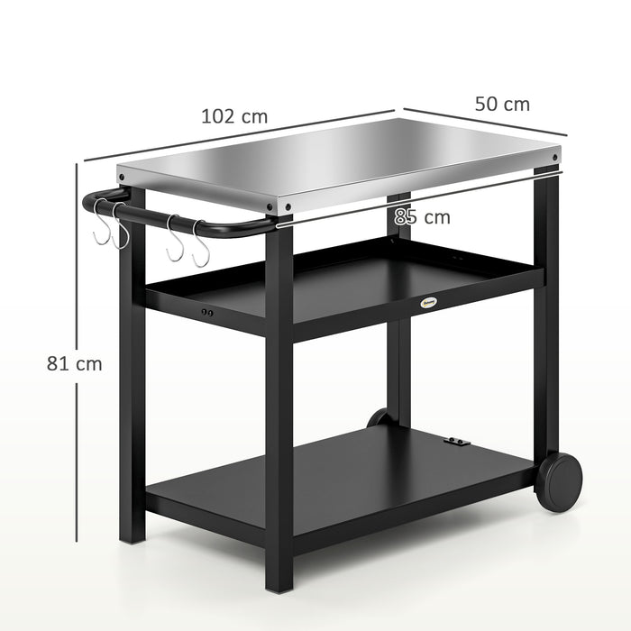 Outsunny Outdoor Grill Dining Cart 3-Shelf Movable Pizza Oven Table Stand with Stainless Steel Top, Portable BBQ Trolley Food Prep Outdoor Kitchen BBQ Station with Hooks Wheels Handle, Charcoal Grey
