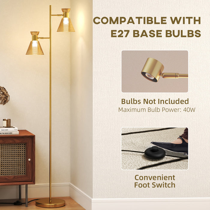 HOMCOM Floor Lamp with Adjustable Dual Head, Modern Standing Lamp with Floral Glass Shades and Foot Switch for Living Room Bedroom, E27 Socket, Bulb Not Included, Gold Tone