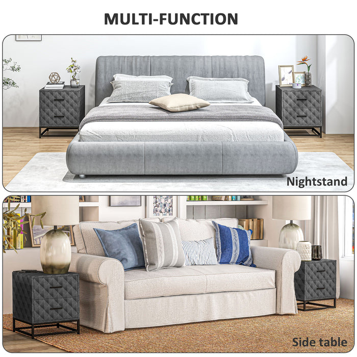 HOMCOM Bedside Tables Set of 2, Modern Bedside Table Nightstand with 2 Drawers, Bedside Cabinet Sofa Side Table with Storage, Steel Legs for Bedroom, Living Room, Grey