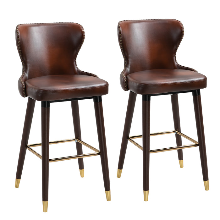 Vintage European Bar Chairs - Set of 2 PU Leather Counter-Height Stools with Backrest, Brown and Gold - Elegant Seating for Home Kitchen and Entertainment Spaces