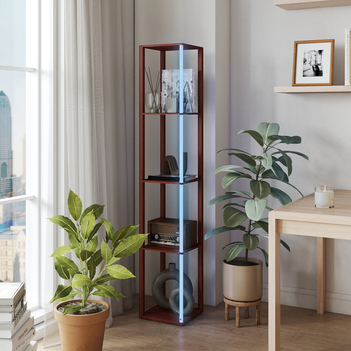 HOMCOM RGB LED Floor Lamp with Shelves, Modern Dimmable Standing Lamp with Remote Control, Adjustable Brightness & Speed for Living Room, Bedroom, Office, Brown