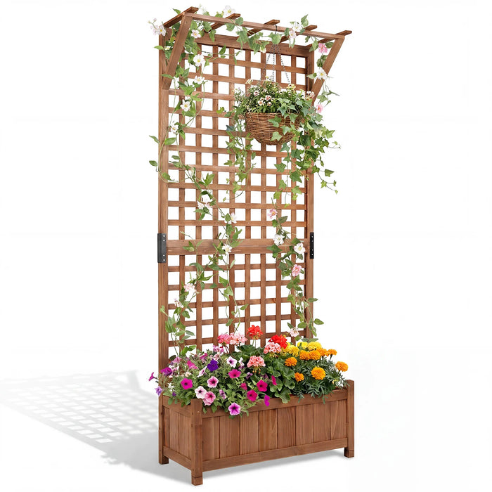 Wooden Raised Garden Bed with Hanging Roof and Trellis for Climbing Plants-