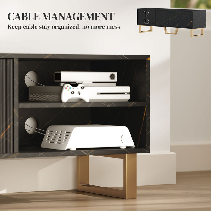 HOMCOM Marble Effect TV Unit, TV Stand Cabinet for up to 70" TVs, Modern TV Cabinet with Shelves and Storage Cupboard, Fluted Door, Extra Centre Leg, Cable Management for Living Room, Black
