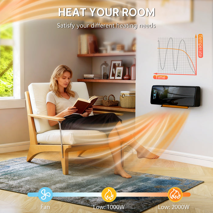 HOMCOM 2000W Ceramic Electric Heater with Fan, Adjustable Thermostat, Wall Mounted - Black