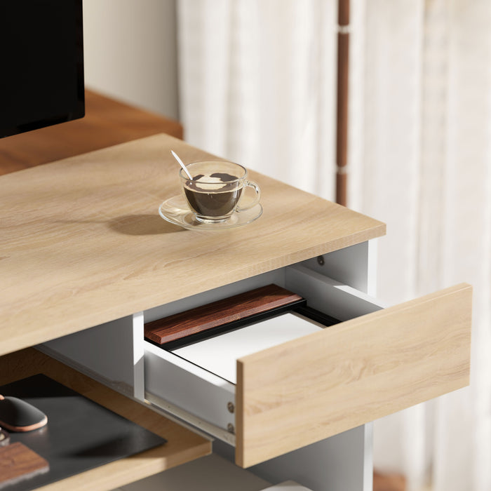 HOMCOM Compact Computer Desk with Keyboard Tray, Home Office Desk with Drawer for Bedroom Study, Oak