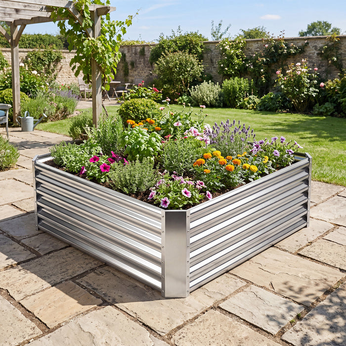 Galvanized Raised Garden Bed Rectangular Outdoor Planter Box with Open-Ended Bade-
