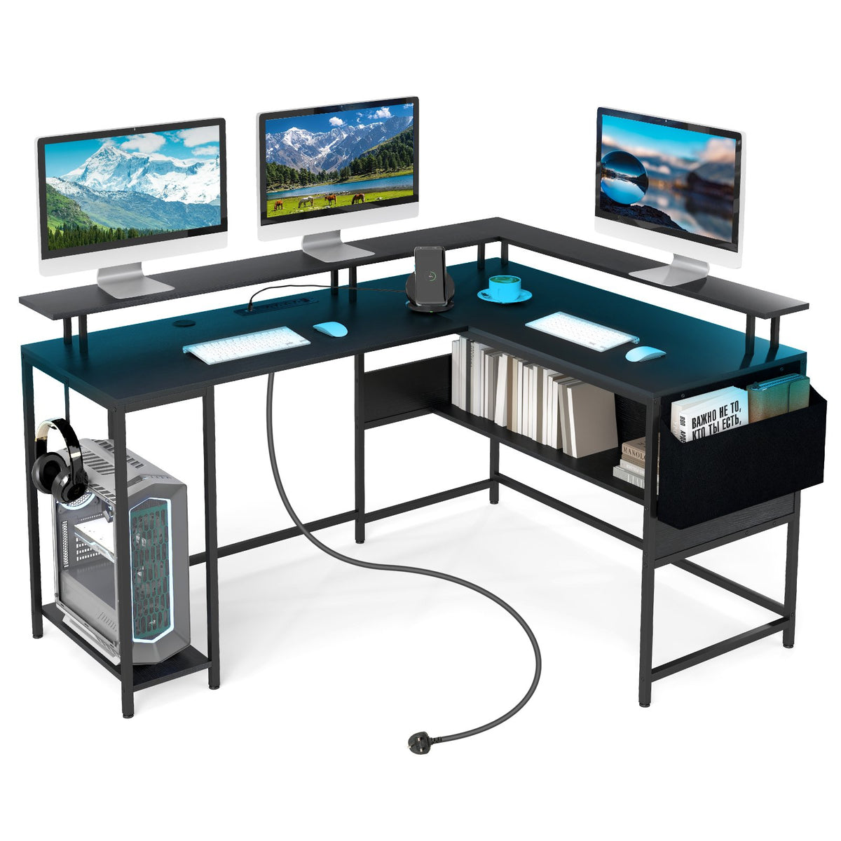 L-Shaped Gaming Desk with LED Lights and Power Outlets-Black
