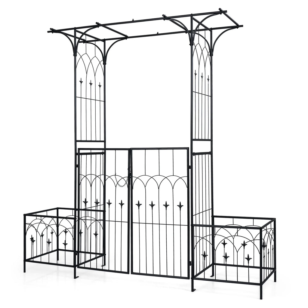 Garden Arbor with Gate and Planter Boxes 206cm Heavy Duty Metal Arch
