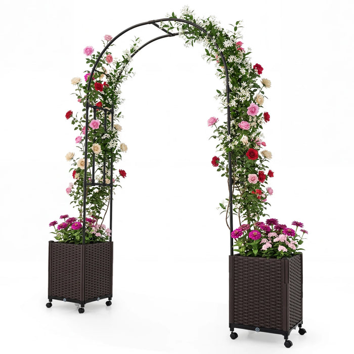 Garden Arch Trellis with 2 Self-watering Planter Boxes PE-coated Metal Arbor-